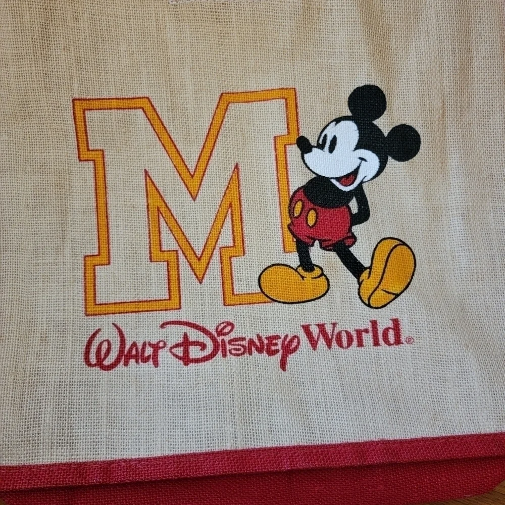 Vintage Disney Mickey Mouse Canvas Burlap Tote Bag with Wooden Handles